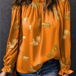 Chic Puff Sleeve Cheetah Leopard Silky Blouse Top